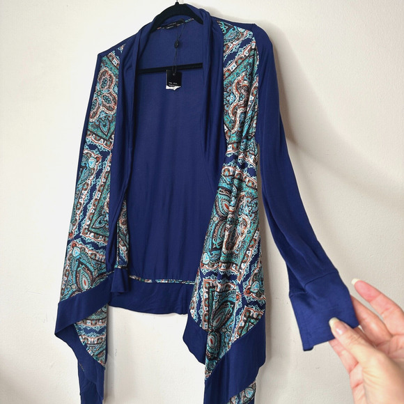 Vertigo Satin High Low Paisley Royal Blue Orange Long Sleeve Drape Cardigan S - Picture 4 of 15
